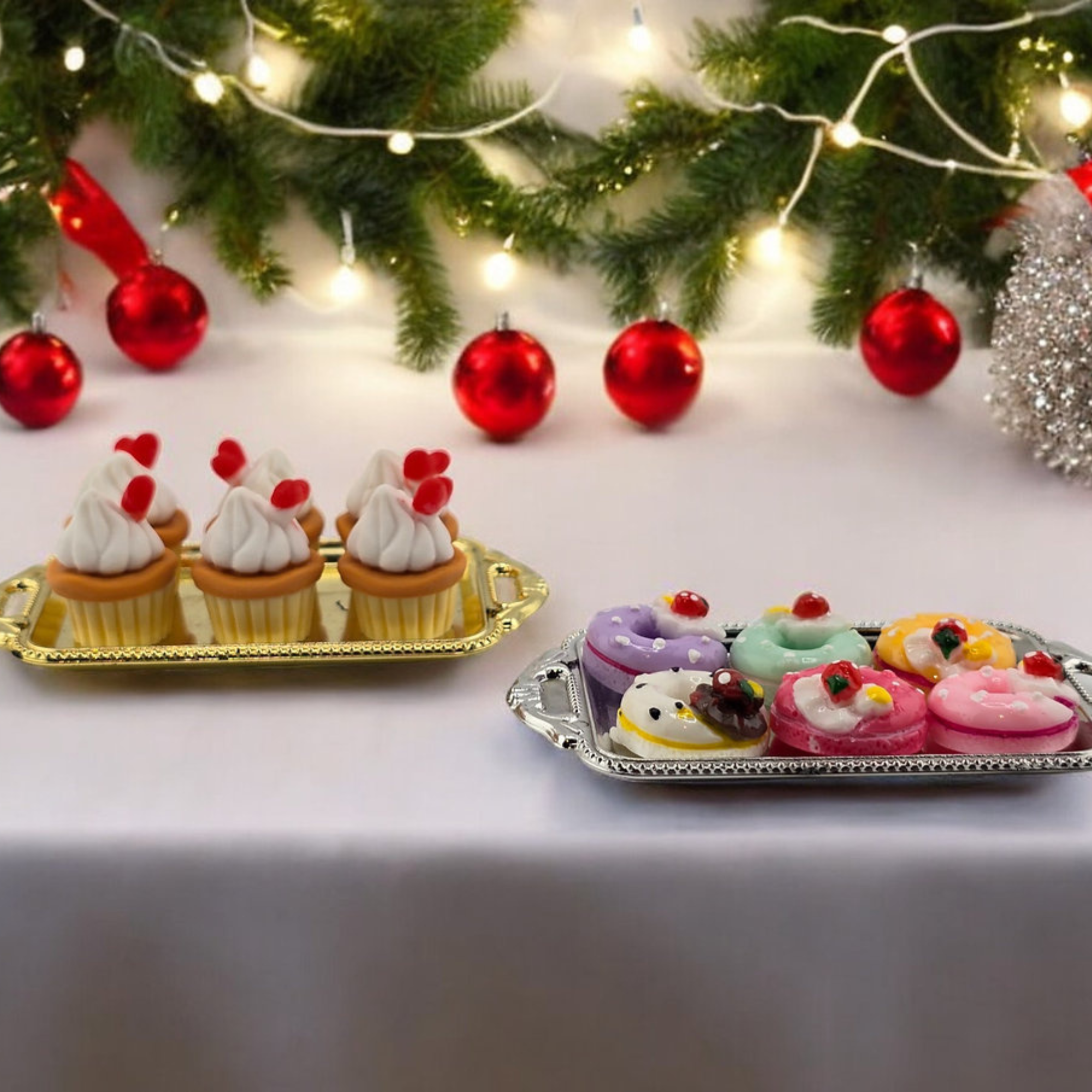 Elf Donuts & Cupcakes Dessert Tray Set Prop Scene