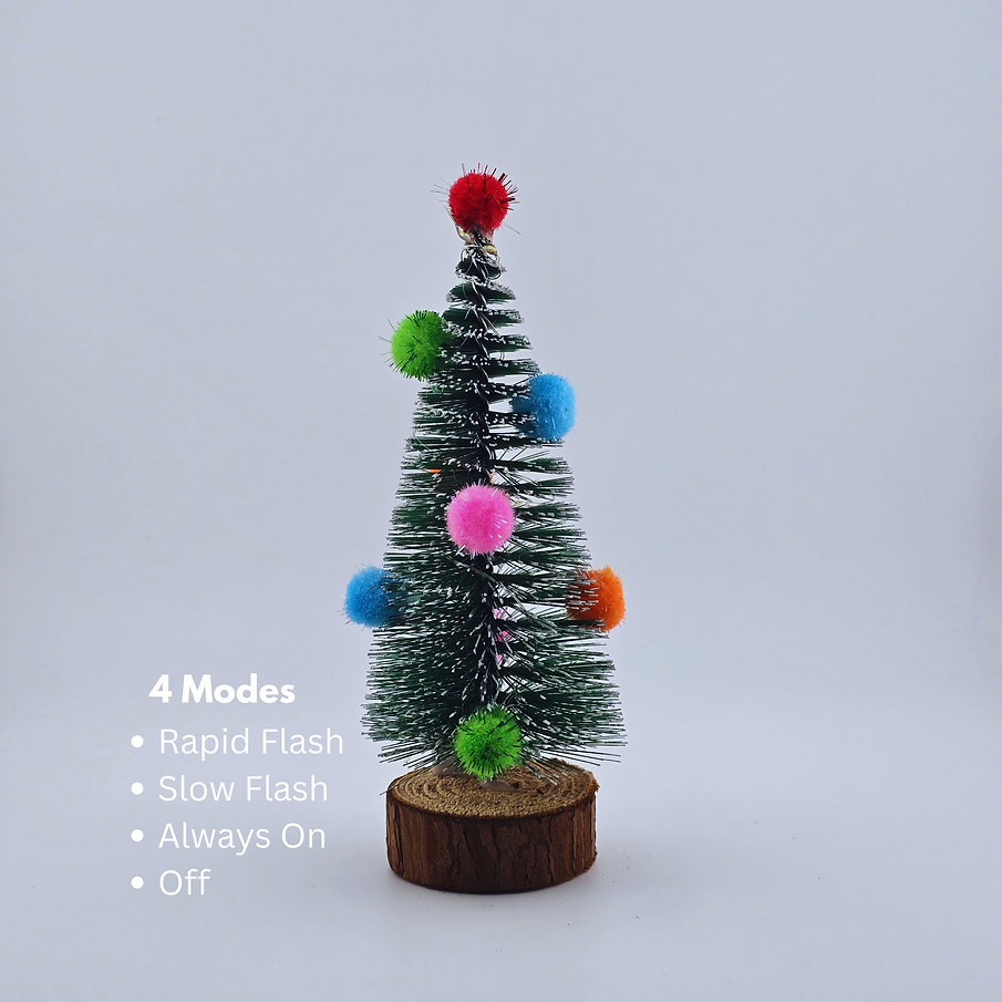 7.5" Mini Pom-Pom Christmas Tree with Wood Base & Optional LED Lights